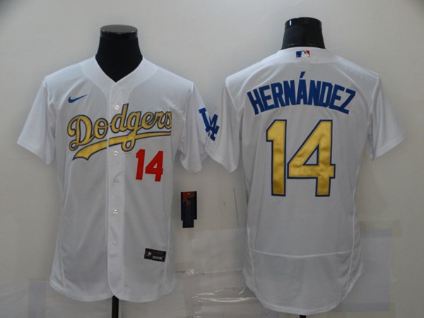 Men's Los Angeles Dodgers White Gold #14 Kiké Hernández 2021 Stitched Jersey